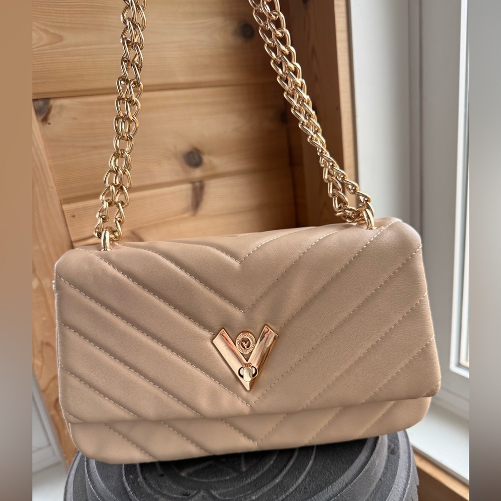 Valentino Orlandi NWT Vegan Leather Quilted Chain Crossbody Shoulder Bag Taupe